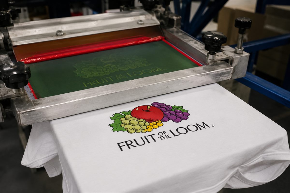 Sitotisak Fruit of the Loom logotipa na bijeloj majici