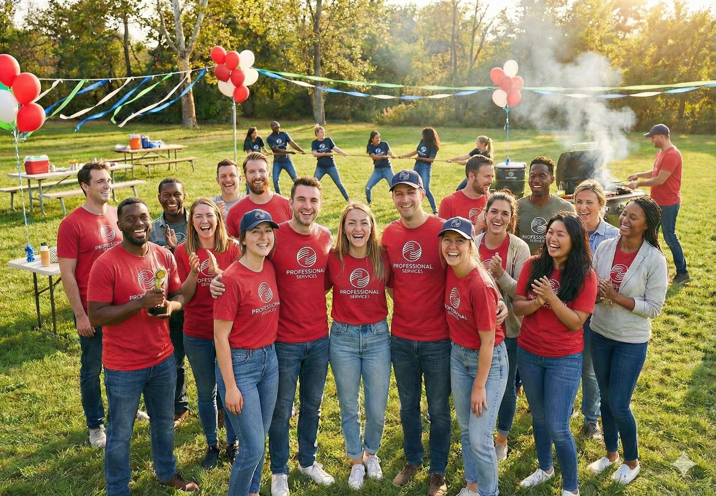 Team wearing branded t-shirts