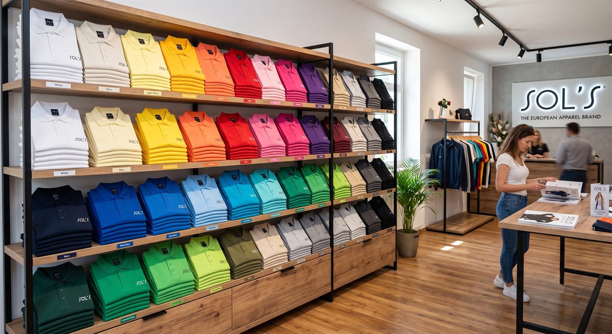SOL'S polo majice u showroomu, paleta boja poredana po tonovima