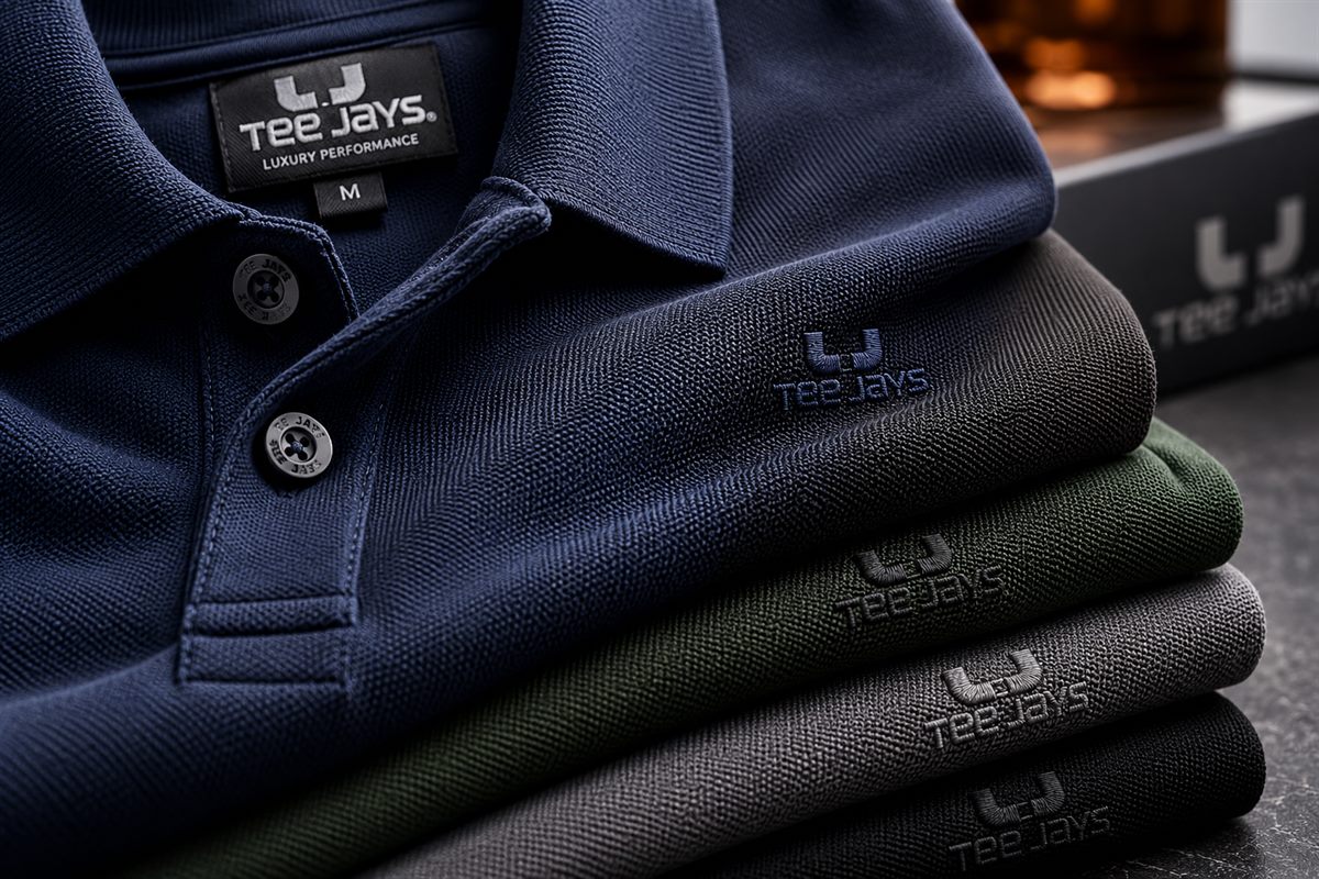 Tee Jays polo majice s vezenim logotipom, tamni tonovi